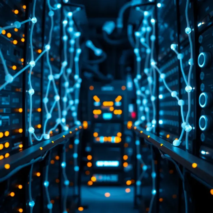 Digital representation of blockchain network nodes connected in a secure cryptocurrency mining setup