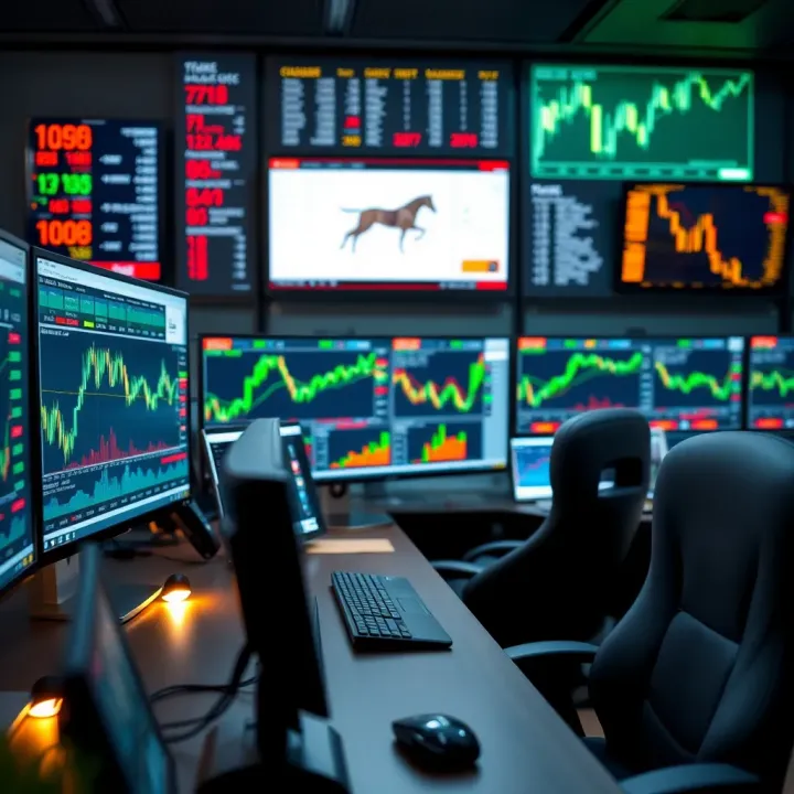 Illustration of a trading desk with multiple monitors showing stock, forex, and commodities trading graphs