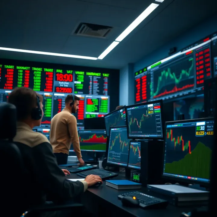 Forex Trading Environment and Currency Exchange Forex trading desk with multiple monitors displaying currency exchange rates and trading platforms
