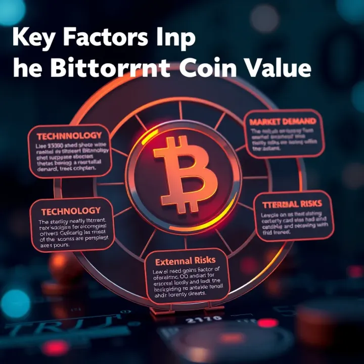 Infographic illustrating key factors influencing Bittorrent Coin value including technology, market demand, and external risks