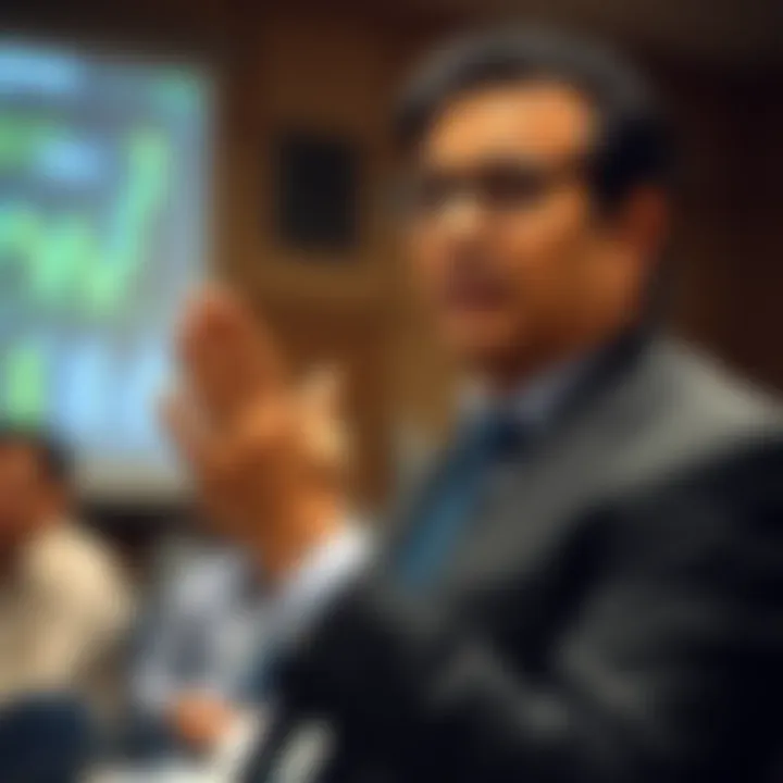 Portrait of a dedicated finance professor delivering a lecture on valuation techniques