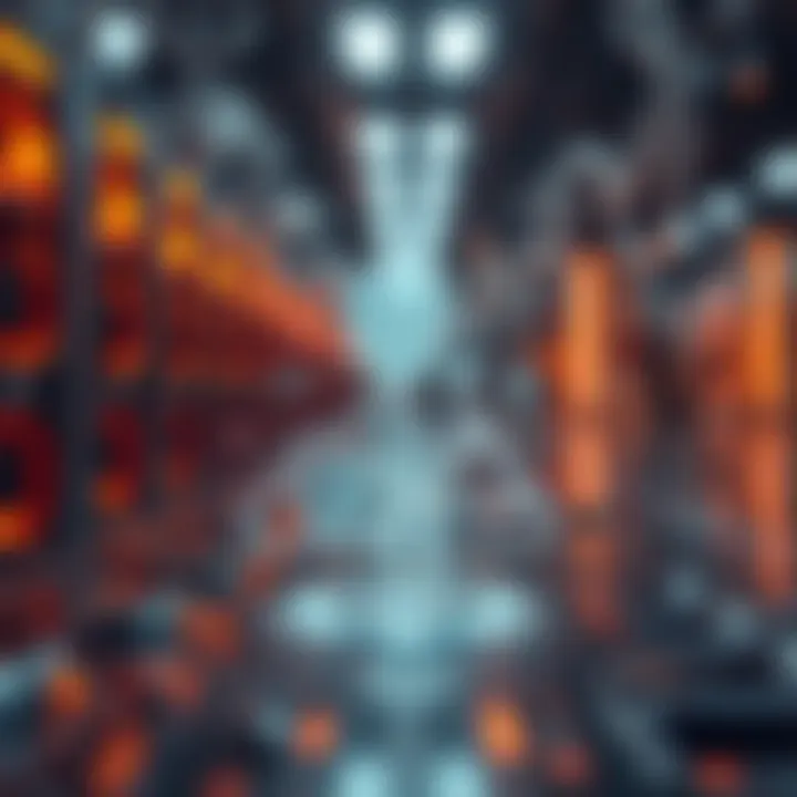 Abstract graphic illustrating cloud-based cryptocurrency mining with secure data and technological elements