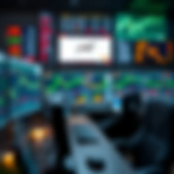 Illustration of a trading desk with multiple monitors showing stock, forex, and commodities trading graphs