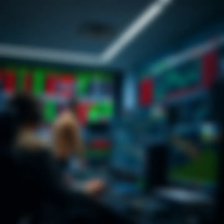 Forex trading desk with multiple monitors displaying currency exchange rates and trading platforms