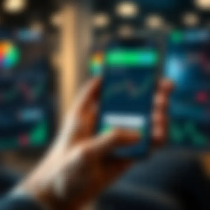 Person using a smartphone displaying secure login to a trading platform with investment charts