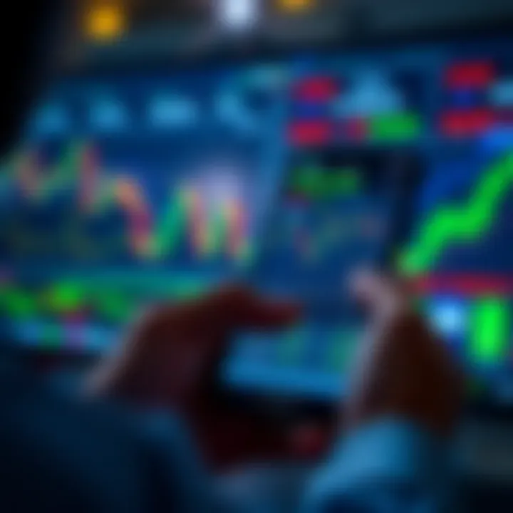 User interacting with a mobile app showcasing stock market charts and demo trade options