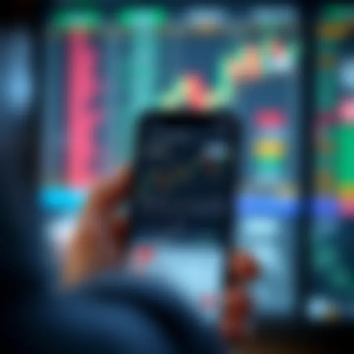 Smartphone displaying a demo trading app interface with stock charts and trading options