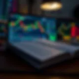 Open digital book displaying trading strategies and market charts on screen