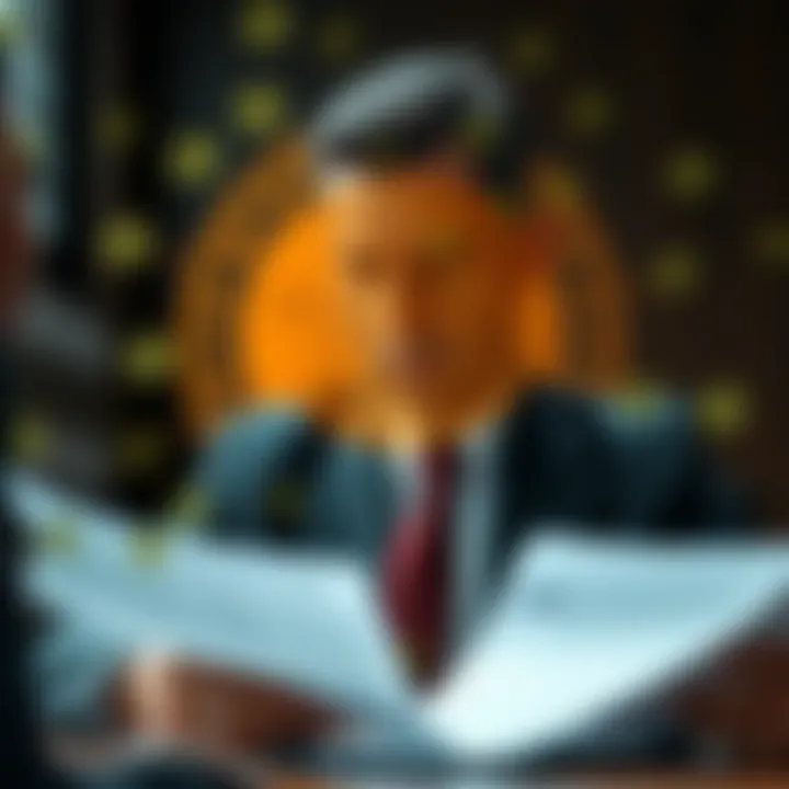 Illustration of a financial regulator reviewing forex broker documents with currency symbols around