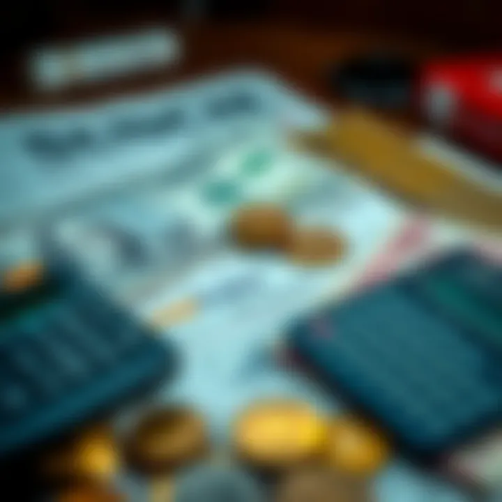 Illustration of currency notes and coins representing US Dollars and Indian Rupees with calculator and financial documents