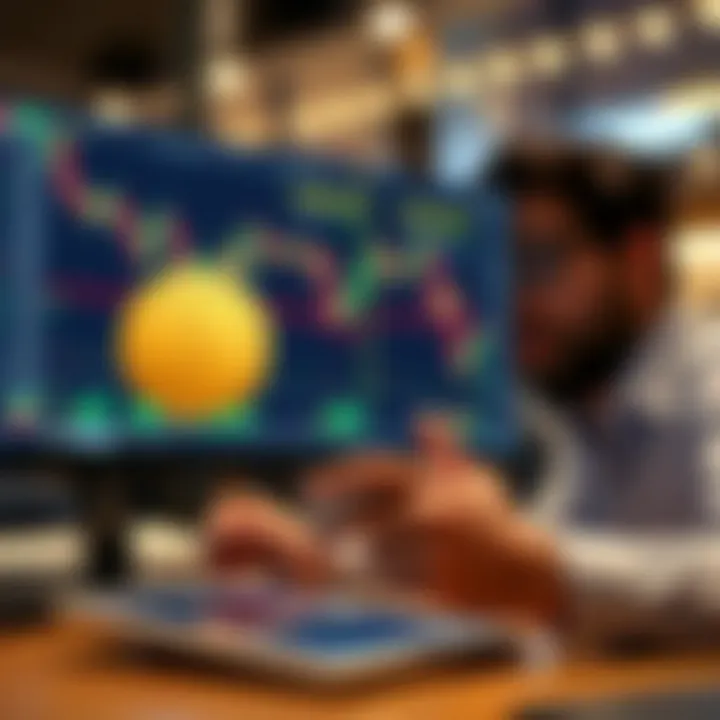 Illustration showing a trader analyzing forex charts on a digital device with bonus icons symbolizing risk-free trading