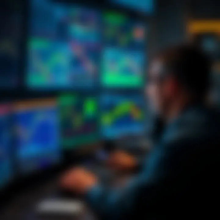 Forex trader analyzing charts and market data on multiple computer screens