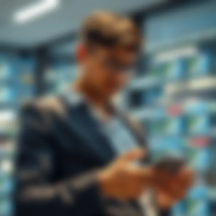 Managing Low Capital Investments via Trading Apps Illustration of an investor using smartphone app to manage low capital investments in stock and commodity markets