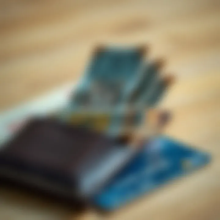 Wallet containing different denominations of Indian rupees with a bank card nearby