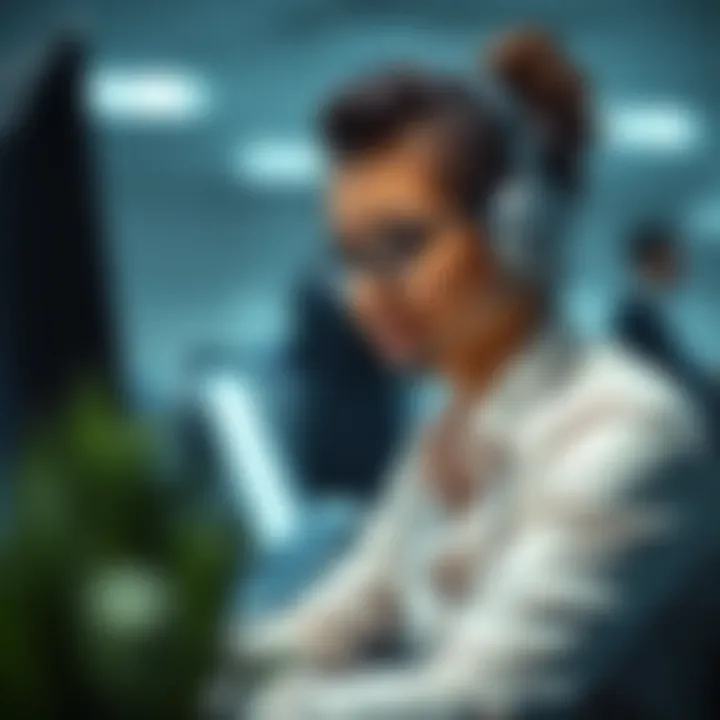 Customer support representative engaging with a client through a headset