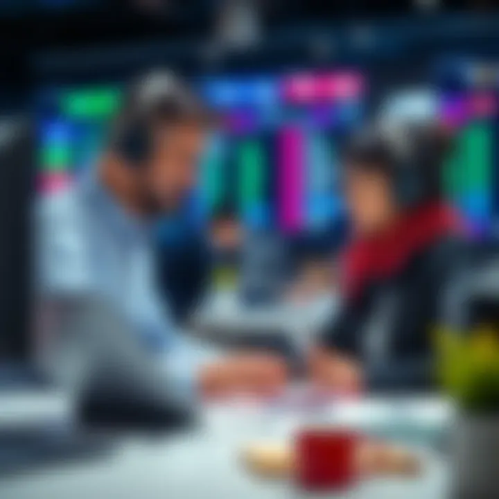 Customer support representative assisting a client with account setup on multiple devices