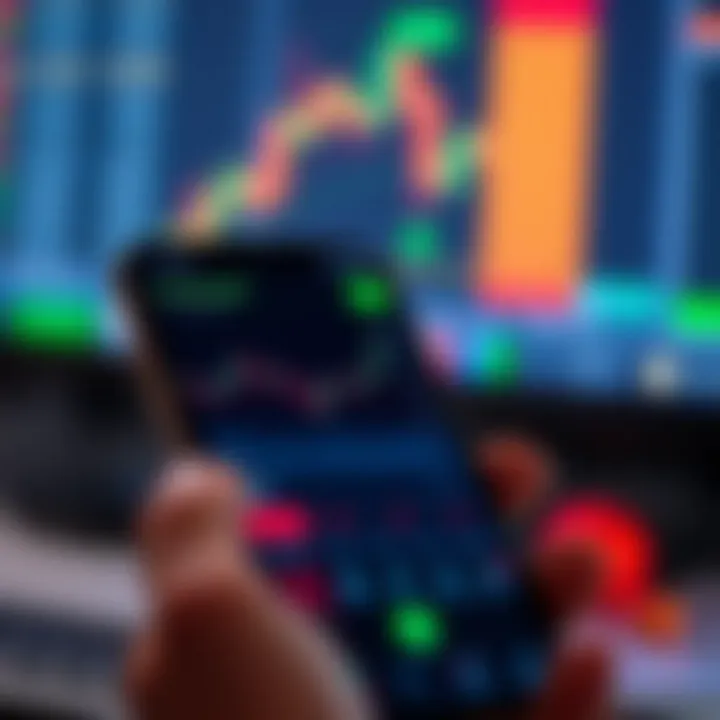 Mobile phone displaying a financial trading application interface with stock charts and market data