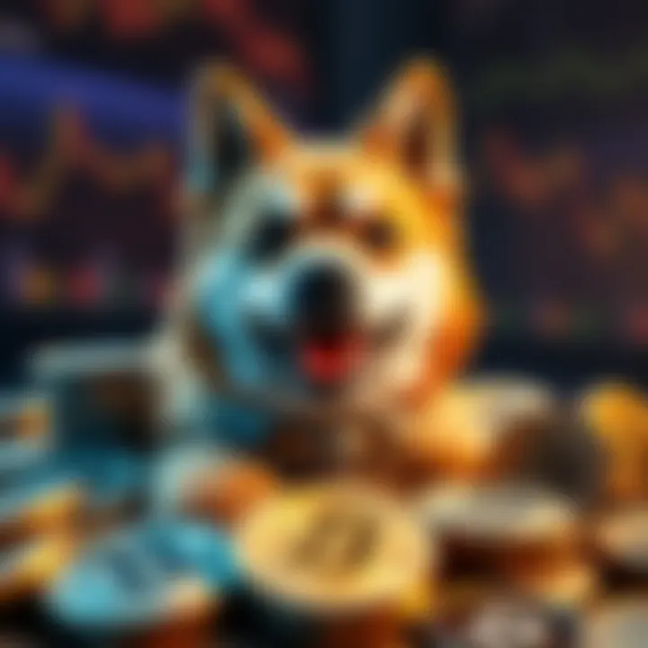 Doge mascot surrounded by digital coins symbolizing cryptocurrency