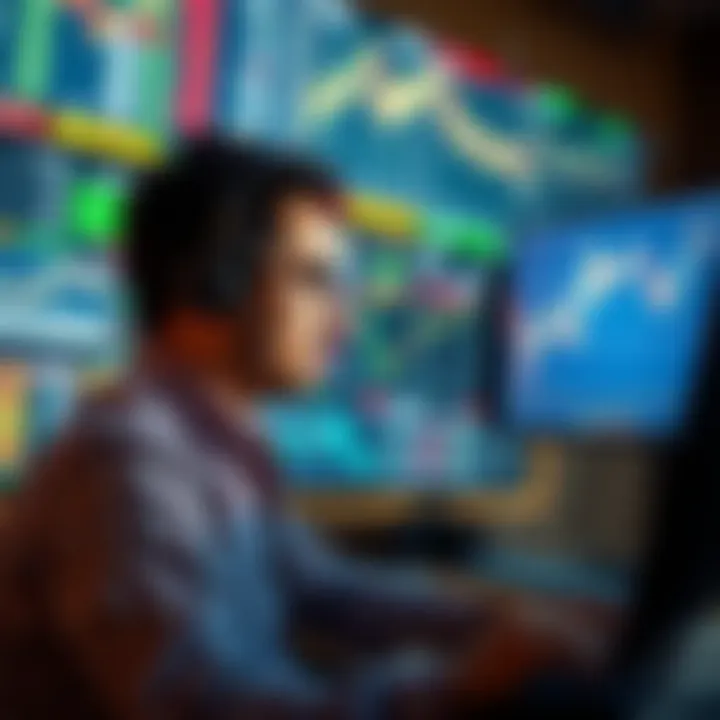 Illustration of a trader analyzing financial data on multiple screens without financial risk