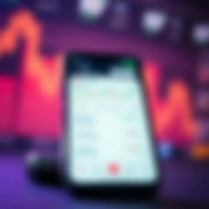 Mobile phone displaying a real money trading app interface with charts and transaction options