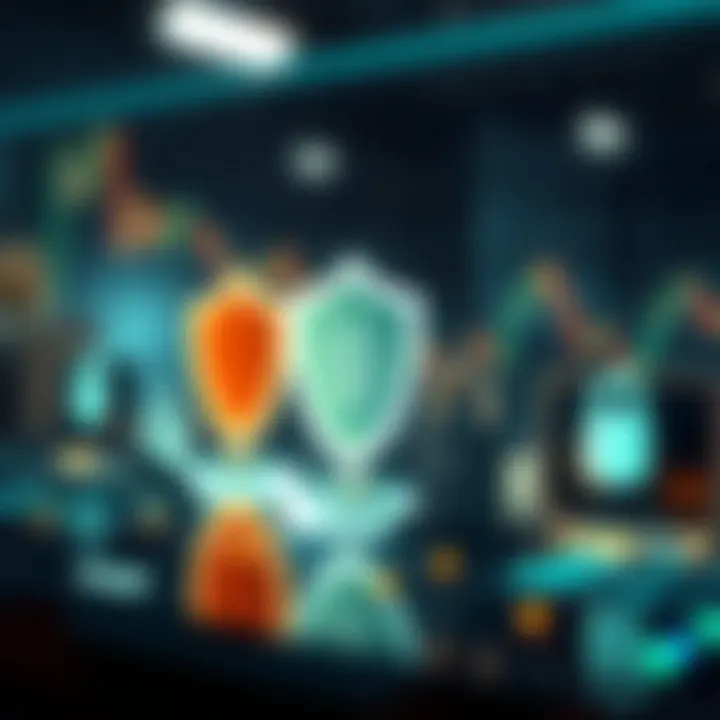 Illustration of secure digital transactions depicting safety icons like shield and lock alongside currency symbols