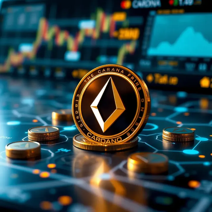 Illustration of Cardano blockchain technology with cryptocurrency symbols and futuristic interface