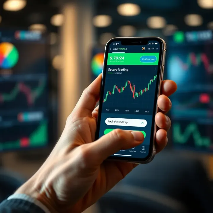 Person using a smartphone displaying secure login to a trading platform with investment charts