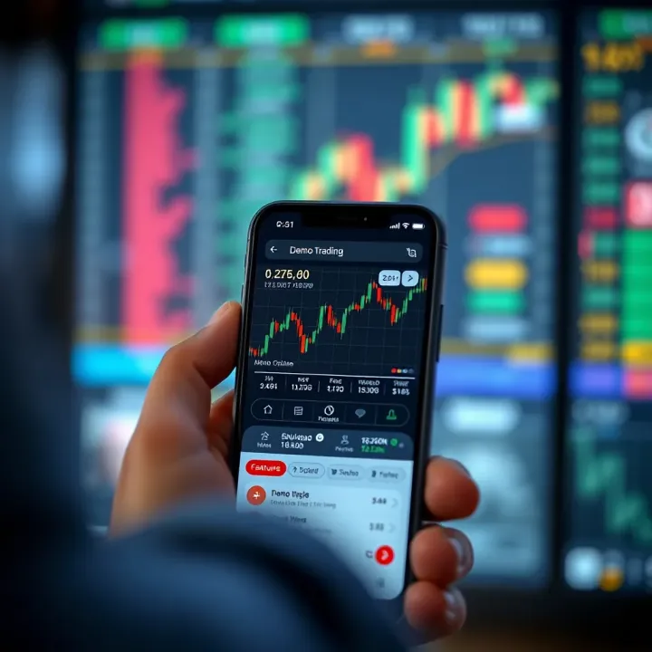 Smartphone displaying a demo trading app interface with stock charts and trading options