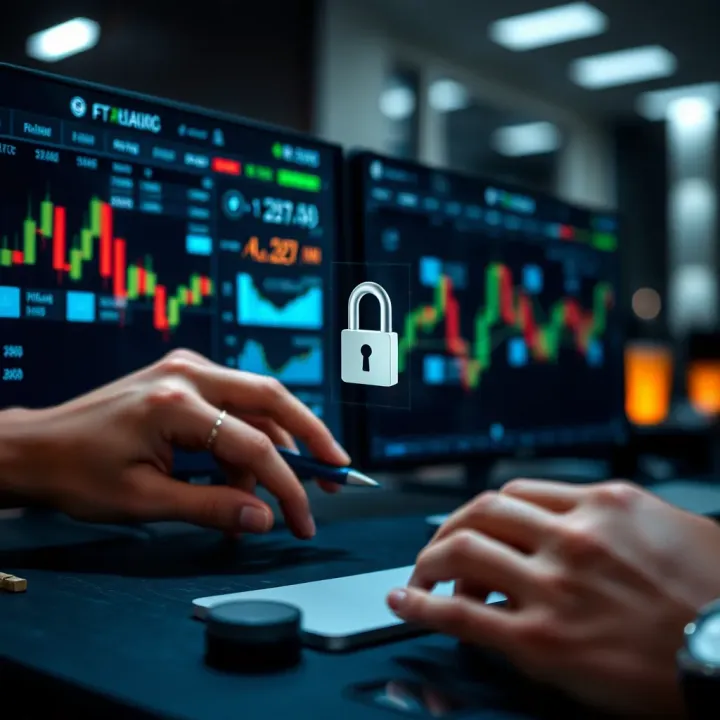 Secure online transaction with digital security icons and stock market graphs
