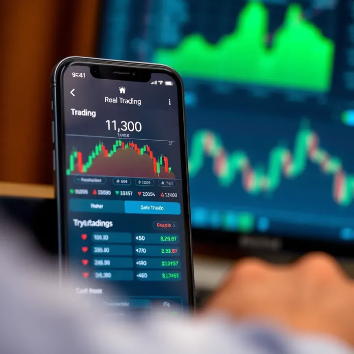User interface of a real trading application on a smartphone displaying market charts and trading options