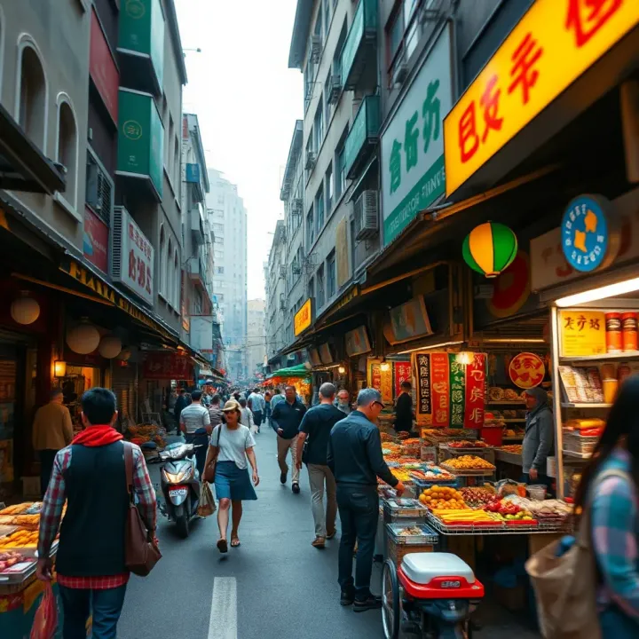 Bustling urban marketplace with vendors and diverse goods showcasing the vibrancy of city trading networks