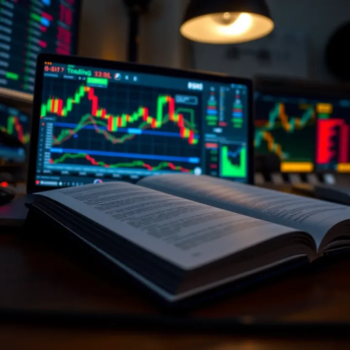 Open digital book displaying trading strategies and market charts on screen