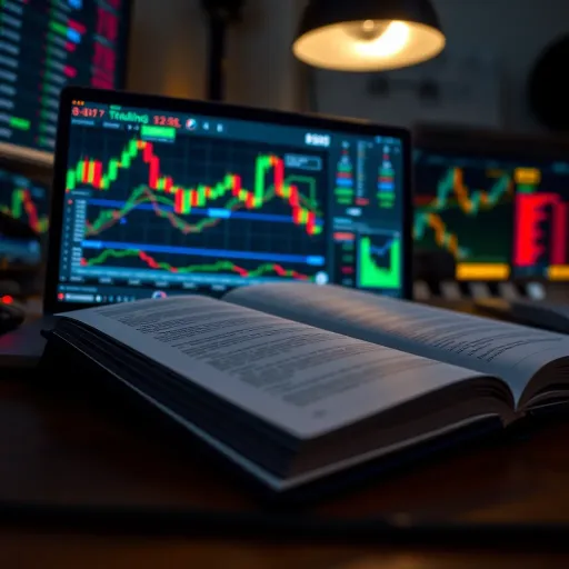 Digital Book Showcasing Trading Strategies and Market Analysis Open digital book displaying trading strategies and market charts on screen