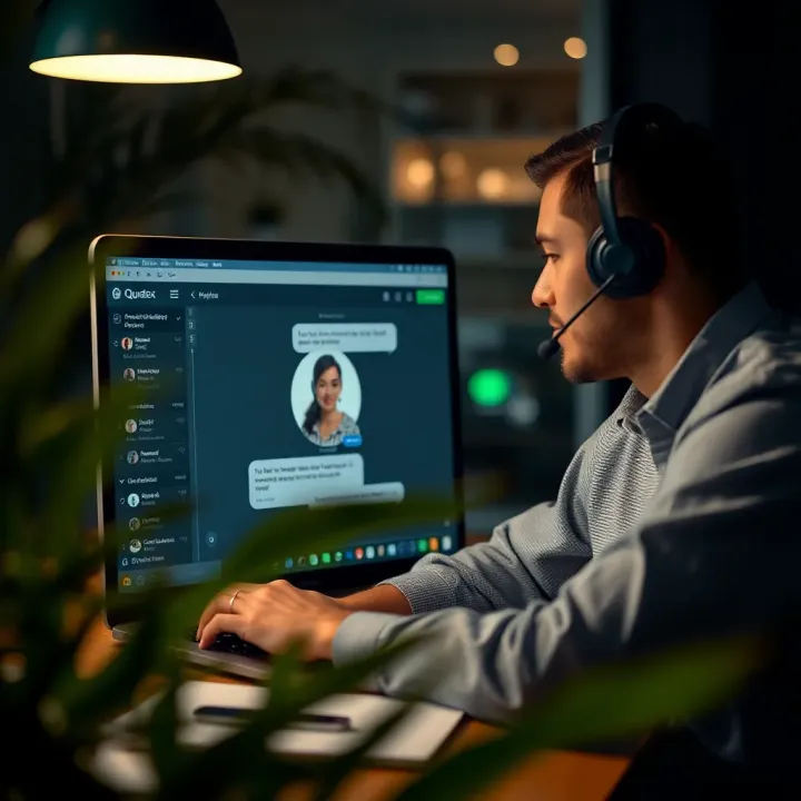Customer support agent assisting a client through live chat on a laptop screen