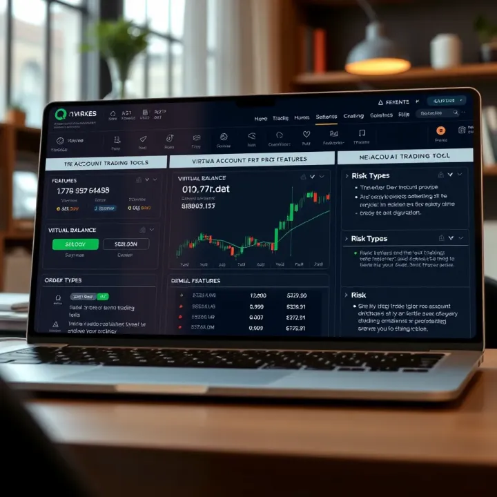 Overview of Trading Tools and Features in QXBroker Demo Account Graphical illustration of demo account trading tools including virtual balance, order types, and risk management features