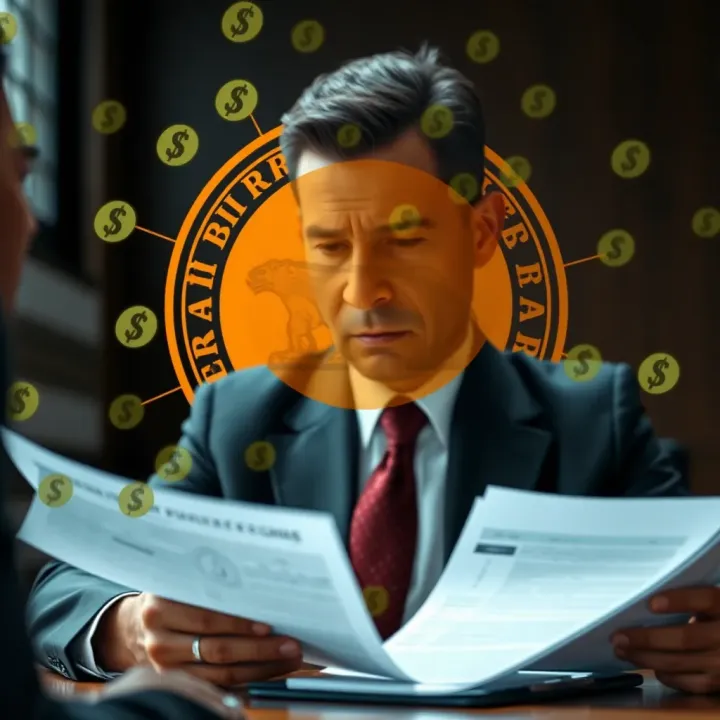 Illustration of a financial regulator reviewing forex broker documents with currency symbols around