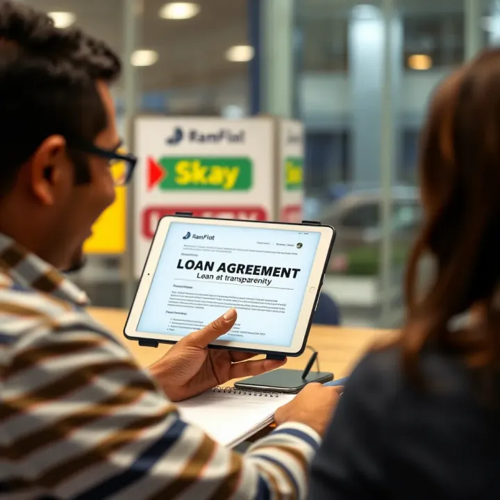 Satisfied customer reviewing loan agreement on tablet with clear terms and conditions