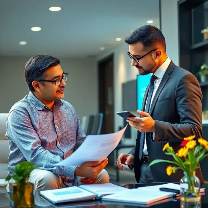 Financial consultant explaining loan options and documents to a client in an office setting