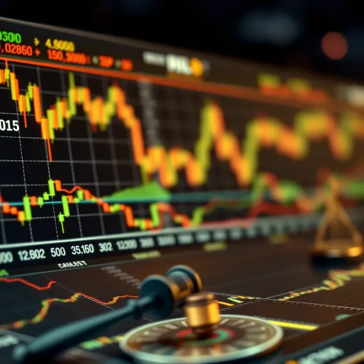 Abstract representation of regulatory and market challenges in crypto fundraising with financial charts and legal icons