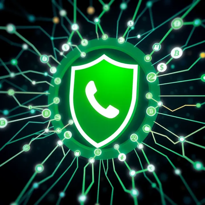 Graphic showing a secure shield symbol intertwined with cryptocurrency icons and digital network nodes