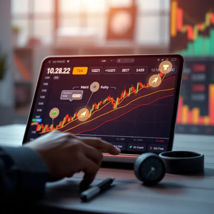 Illustration of financial growth with digital stock market graphs and educational icons