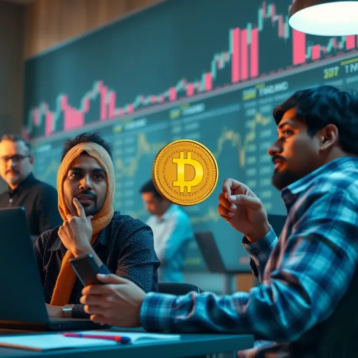 Conceptual illustration of Indian investors analyzing cryptocurrency trends and risks related to Dogecoin