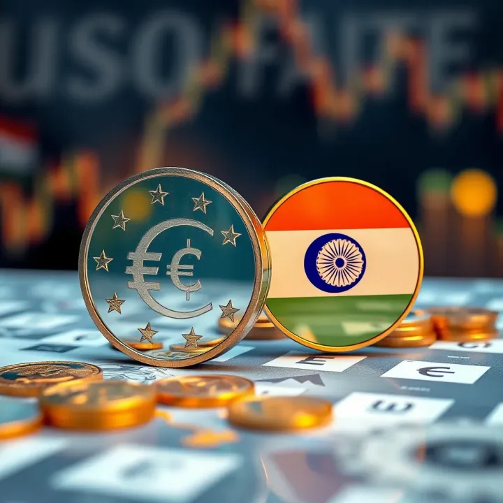 Illustration of economic and geopolitical factors influencing currency exchange with symbols representing Europe and India