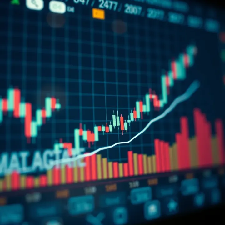 Graph showing upward trend with trading candlesticks and indicators representing market analysis