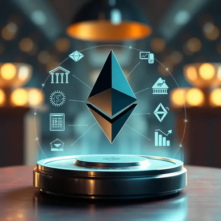 Ethereum Ecosystem and Key Developments Influencing Price Illustration of Ethereum blockchain ecosystem with decentralized finance and smart contracts icons
