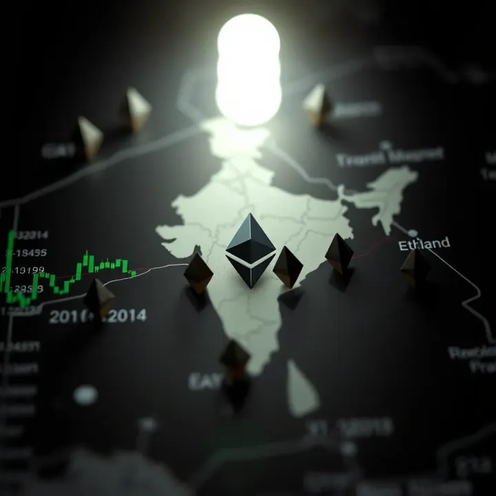 Ethereum's Role in India’s Cryptocurrency Market Map highlighting India with Ethereum symbols depicting cryptocurrency adoption
