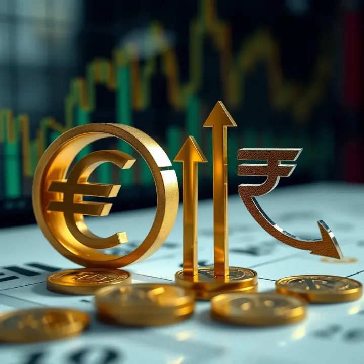Currency symbols for euro and Indian rupee with upward and downward arrows