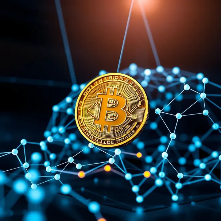 Digital representation of Bitcoin symbol integrated with artificial intelligence neural network nodes