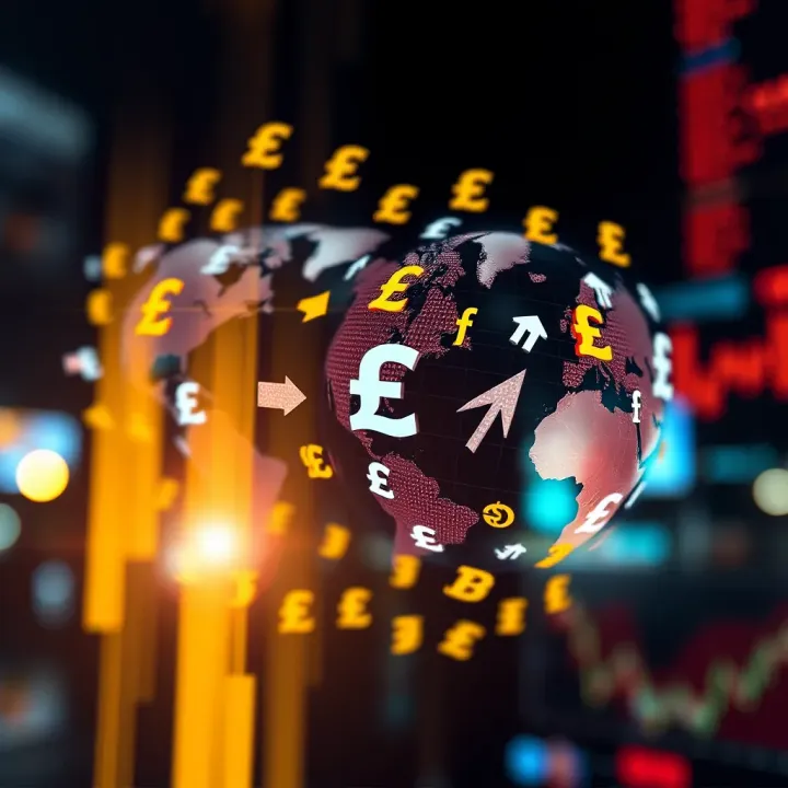 Global Currency Interactions and Trading Approaches Illustration of diverse currency symbols interconnected with arrows representing trading strategies