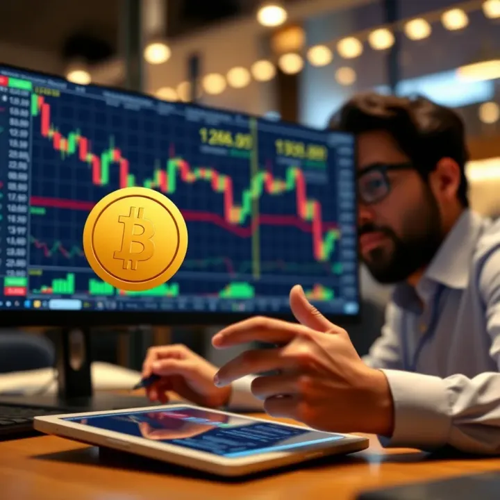 Illustration showing a trader analyzing forex charts on a digital device with bonus icons symbolizing risk-free trading
